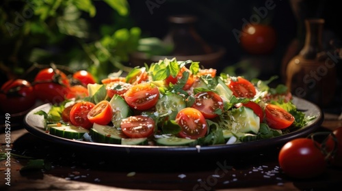 salad full of vegetables  fruit and pieces of boiled egg on a blur background