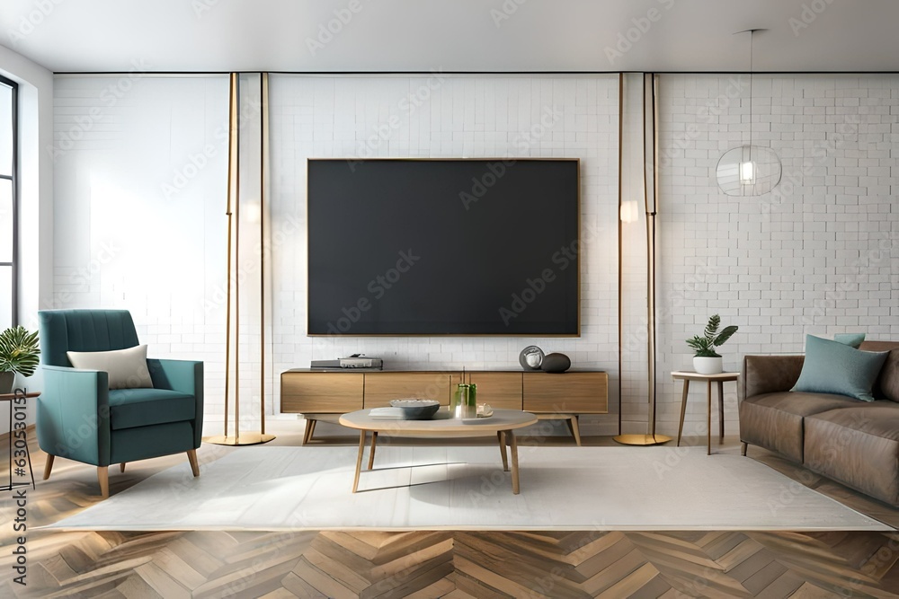 Mockup a TV wall mounted with decoration in living room and white wall. 3d rendering. 3d illustration. Mockup a TV wall mounted with decoration in living room and white wall. 3d rendering. 3d illustration.