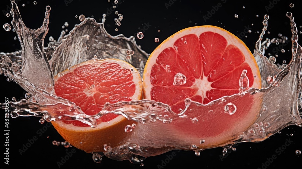fresh grapefruits splashed with water on black and blurred background fresh grapefruits splashed with water on black and blurred background