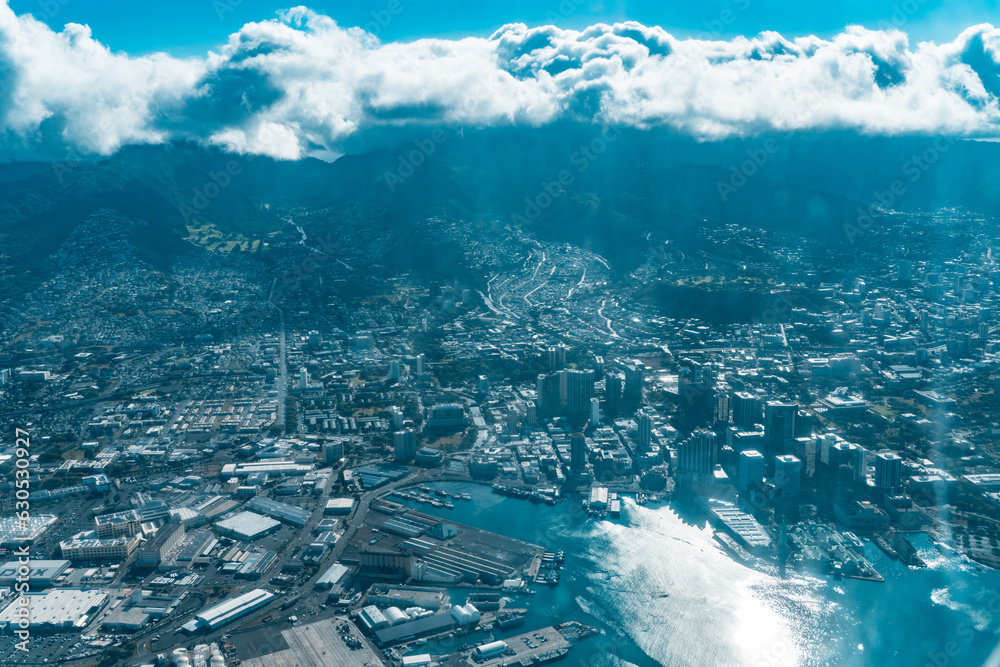 Honolulu Harbor Oahu Hawaii. Aerial photography on the plane.