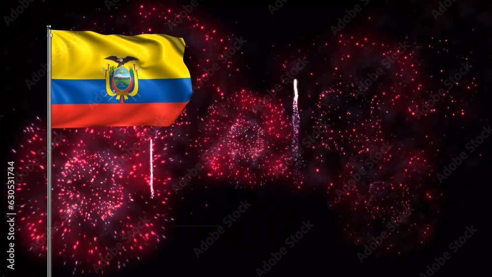 Ecuador Flag Background with flagpole and fireworks. Ecuador Flag Waving animation, great for Ecuador National Day, Independence Day, New Year and more Ecuador event. Loop waving flag