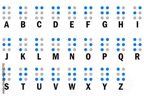 Braille alphabet letters in a row. Braille table. Vector illustration. Eps 10.