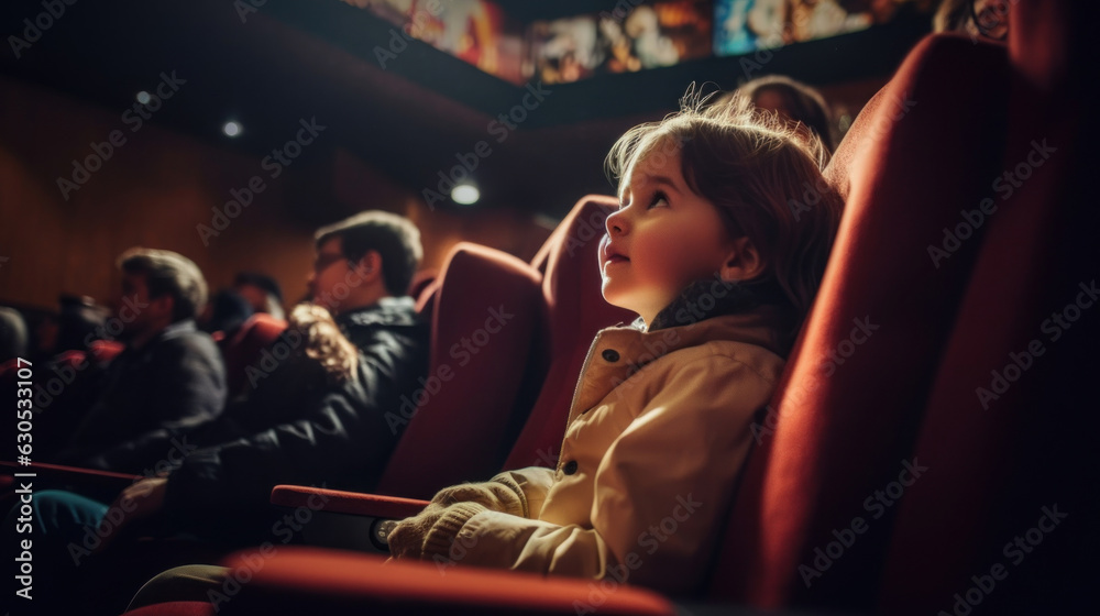 Girl seven year old watching an exciting movie in a dark cinema