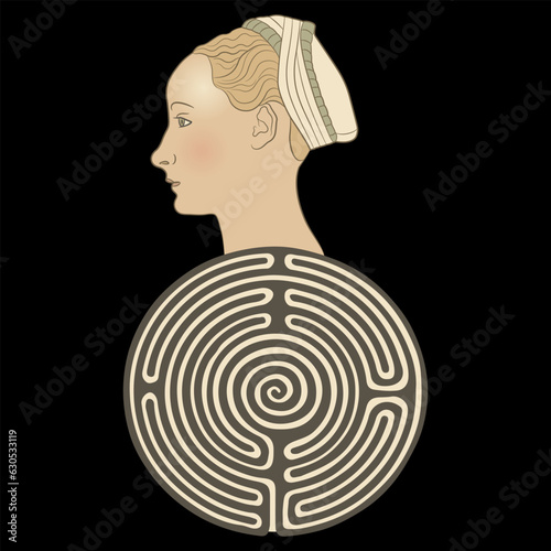 Round spiral maze or labyrinth symbol with a head of beautiful Renaissance woman. Medieval Ariadne. Creative philosophical concept.