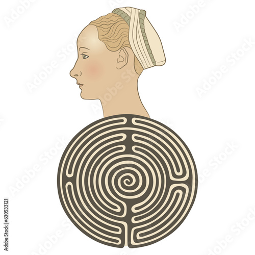 Round spiral maze or labyrinth symbol with a head of beautiful Renaissance woman. Medieval Ariadne. Creative philosophical concept. Isolated vector illustration.