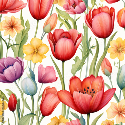 Red tulip flowers watercolor seamless patterns background