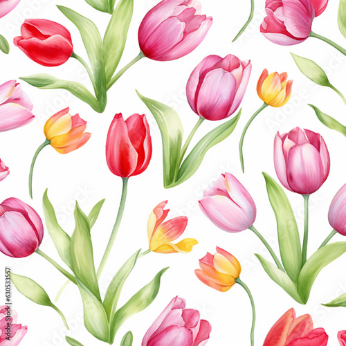 Red tulip flowers watercolor seamless patterns background