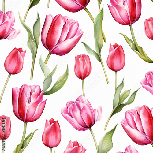 Red tulip flowers watercolor seamless patterns background