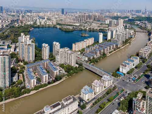 Aerial photography of the skyline of urban architecture in Nanjing..