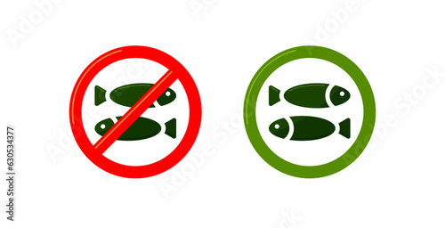 Vegetarian symbol, forbidden fish icon. Prohibited ocean food sign. Ban and allow of fishing with marine animals silhouettes in red and green circles, vector flat illustration