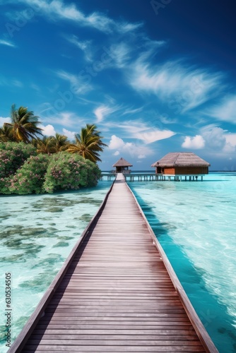 Beautiful Maldives ocean view sunrise illustration made with Generative AI 