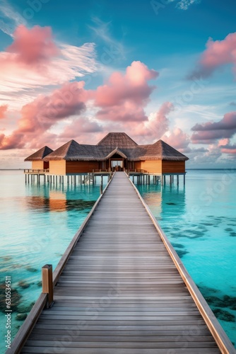 Beautiful Maldives ocean view sunrise illustration made with Generative AI 