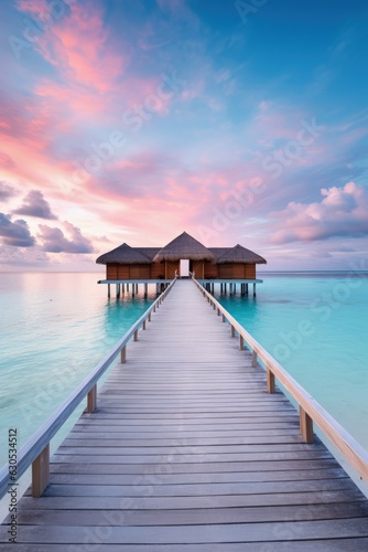 Beautiful Maldives ocean view sunrise illustration made with Generative AI 