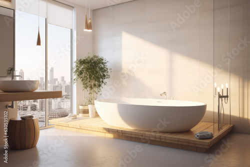 modern bathroom interior design with wooden bathtub © Kien