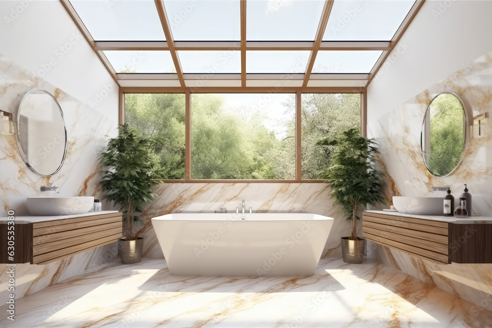 modern bathroom interior design with wooden bathtub