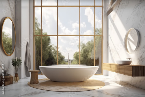 modern bathroom interior design with wooden bathtub © Kien