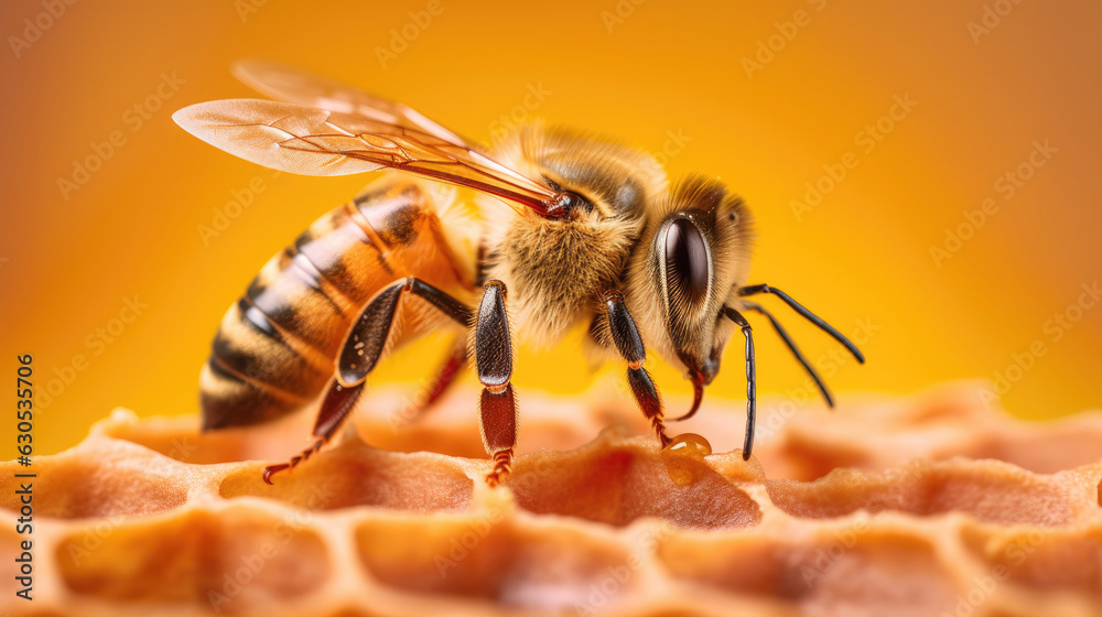 Honeybee, yellow background, macro photo Honeybee, yellow background, macro photo