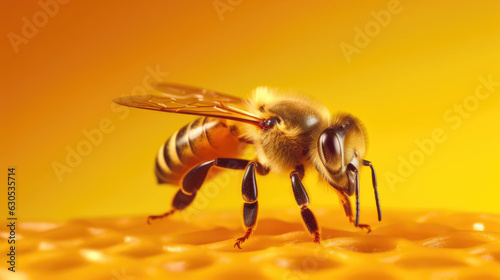 Honeybee, yellow background, macro photo © tashechka