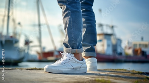 a man in sneakers stands on the pier close-ups at the pier. Generative Ai. 