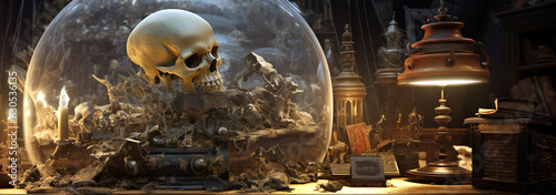 skull glass ball in mystical vintage setting. Generative Ai.  © PETR BABKIN