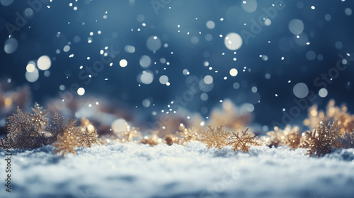 Christmas background with golden decorative snowflakes on white snow. Generative Ai.  © PETR BABKIN
