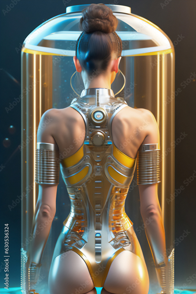 A beautiful cybor and brunette woman with the body of a robot in a research laboratory. Generative AI_15.