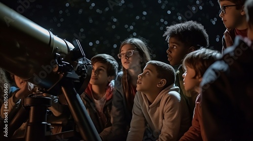 a group of children from different ethnicities gathered around a telescope, observing the night sky