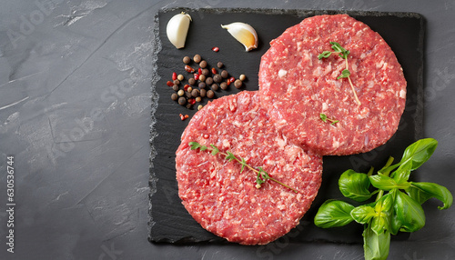 Fresh raw meat burger cutlet on the black slate board with herbs and spices for background. Copy space, top view . photo