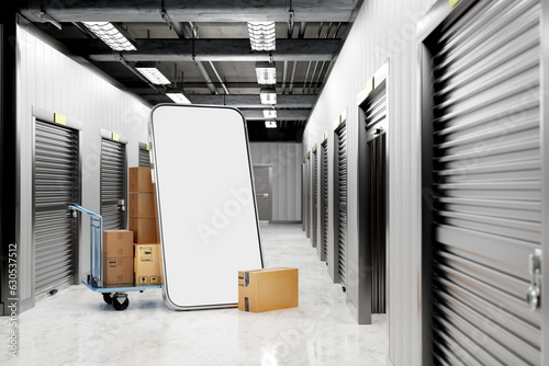 Rental Storage Units. Self storage unit cutaway. Boxes on the cart. cardboard boxes. Phone for text. 3d image