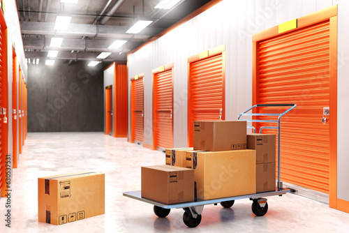 Rental Storage Units. Self storage unit cutaway. Boxes on the cart.  cardboard boxes. 3d image photo