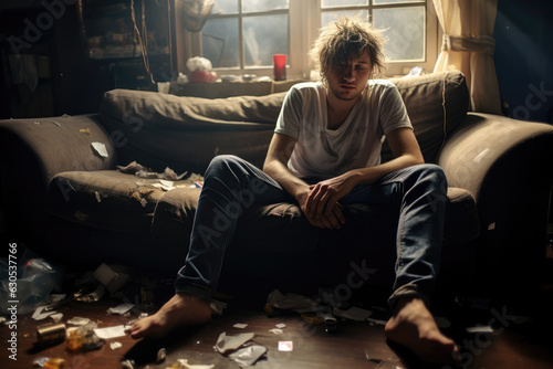 A Young Depressed Man Sits on a Sofa in a Very Dirty Room. Social Problems Concept photo