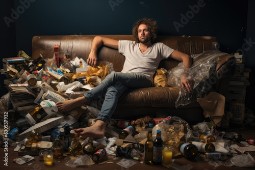 A Young Depressed Man Sits on a Sofa in a Very Dirty Room. Social Problems Concept photo