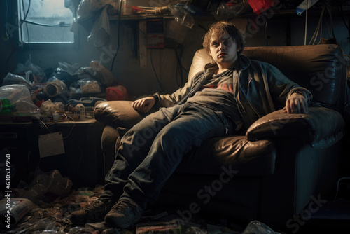 A Young Depressed Man Sits on a Sofa in a Very Dirty Room. Social Problems Concept, ADHD photo