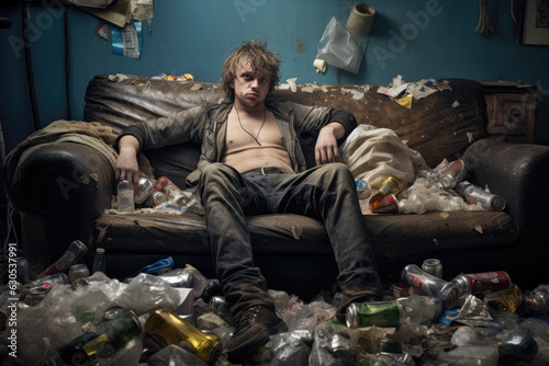 A Young Depressed Man Sits on a Sofa in a Very Dirty Room. Social Problems Concept, ADHD