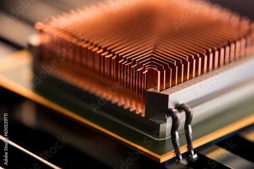 Extreme close-up of a heat sink attached to a transistor with visible heat dissipation in action photo