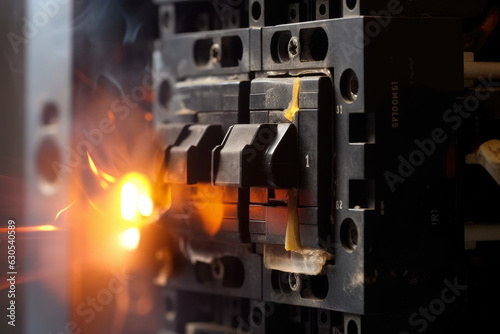 Extreme close-up of a circuit breaker tripping with a flash of electricity and smoke
