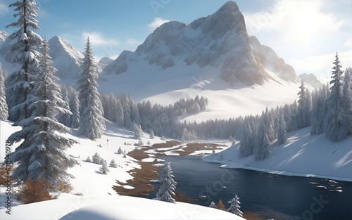 Beautiful winter landscape with a lake in the mountains © Preyanuch