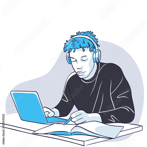 Young men & women college students using gadgets & holding books set. Youth & education. Flat vector character illustration.