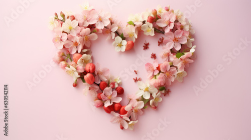 Heart of tender spring flowers. Pastel romantic background.
