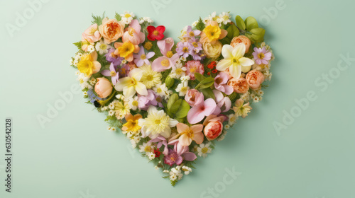 Heart of tender spring flowers. Pastel romantic background.