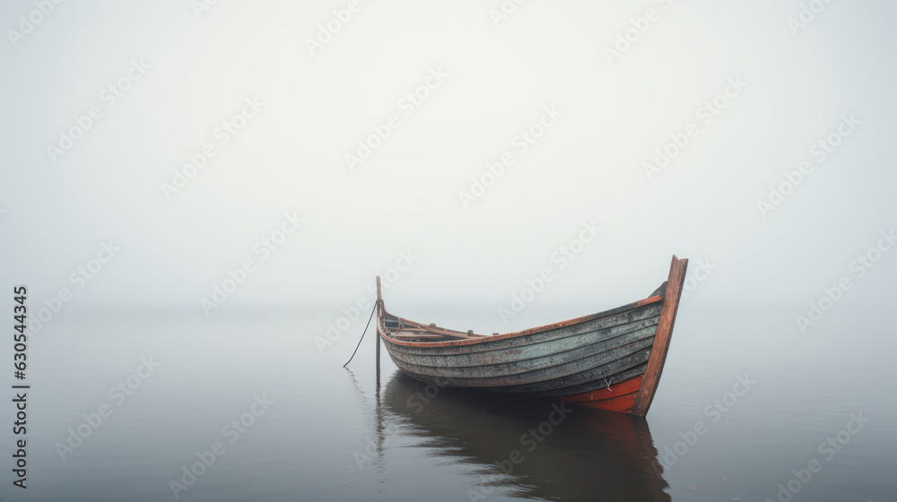 Old lonely boat on the river in the fog