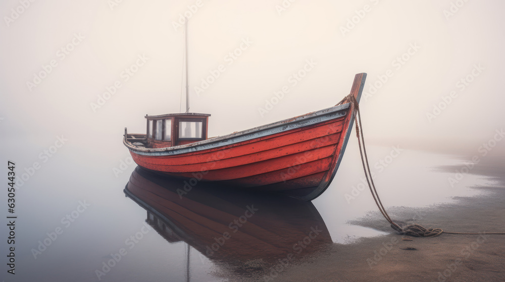 Old lonely boat on the river in the fog