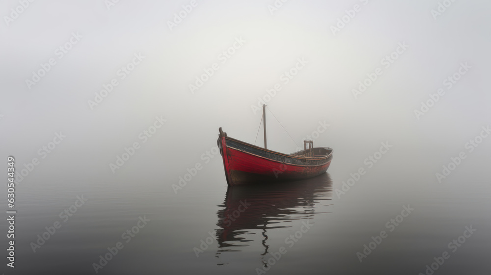 Fototapeta premium Old lonely boat on the river in the fog