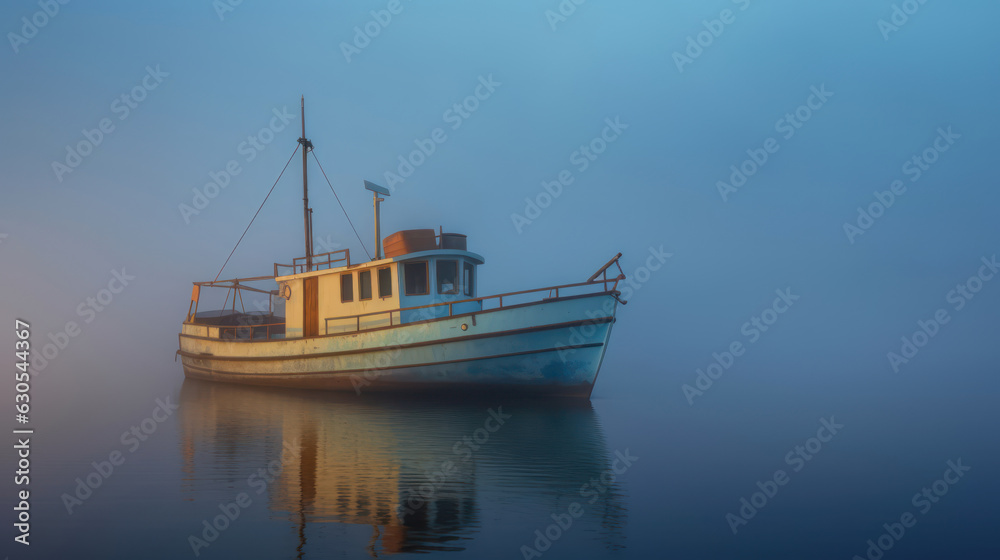 Old lonely boat on the river in the fog