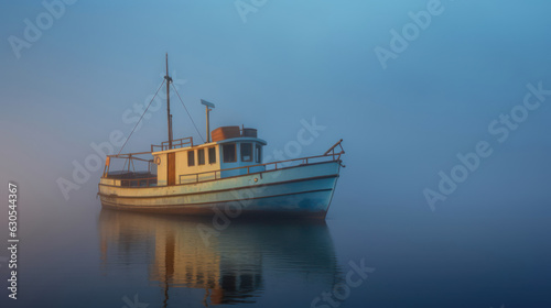 Old lonely boat on the river in the fog © tashechka