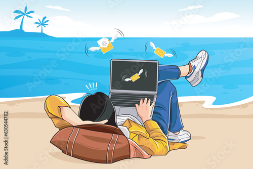 Email overload too many junk mails. Young woman relaxing on the beach looking at redundant flying letters from laptop computer vector illustration