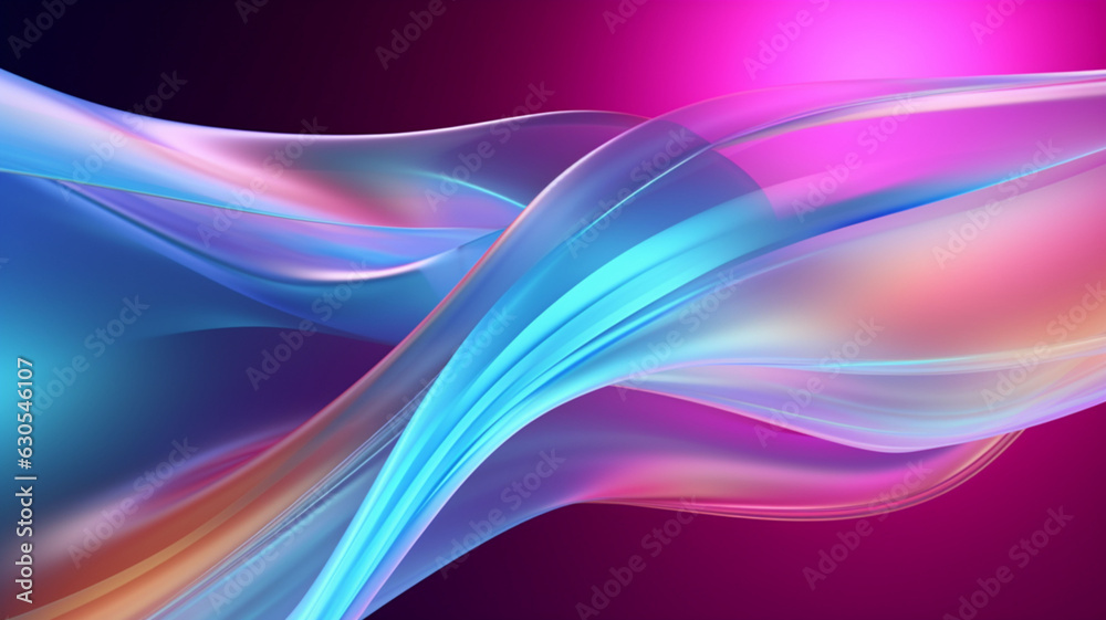 Obraz premium Luminous Fusion 3D Translucent Glass Ribbons Merge with Dynamic Holographic Waves on a Serene Magenta Abstract Canvas, Creating an Enchanting Banner Background and Wallpaper