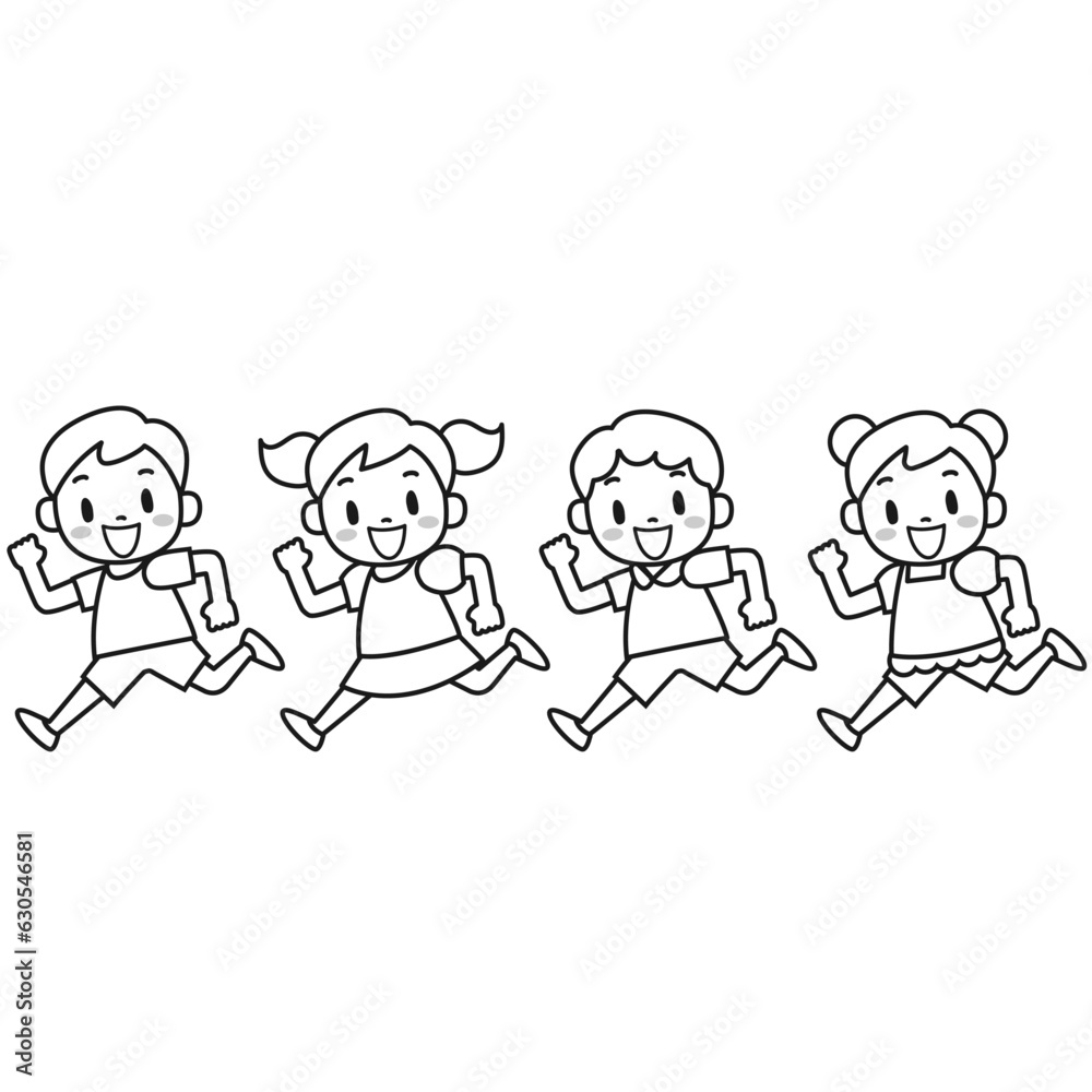 笑顔で走る女の子と男の子のイラストセット