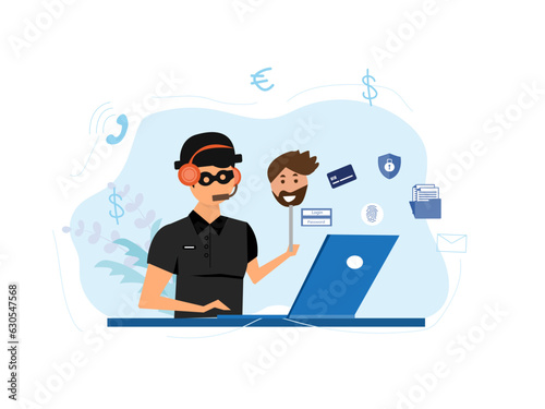 Criminal hacker holding friends mask for hacking on laptop screen stealing money ,cyber crime, theft of personal data, password, credit card flat vector illustration.