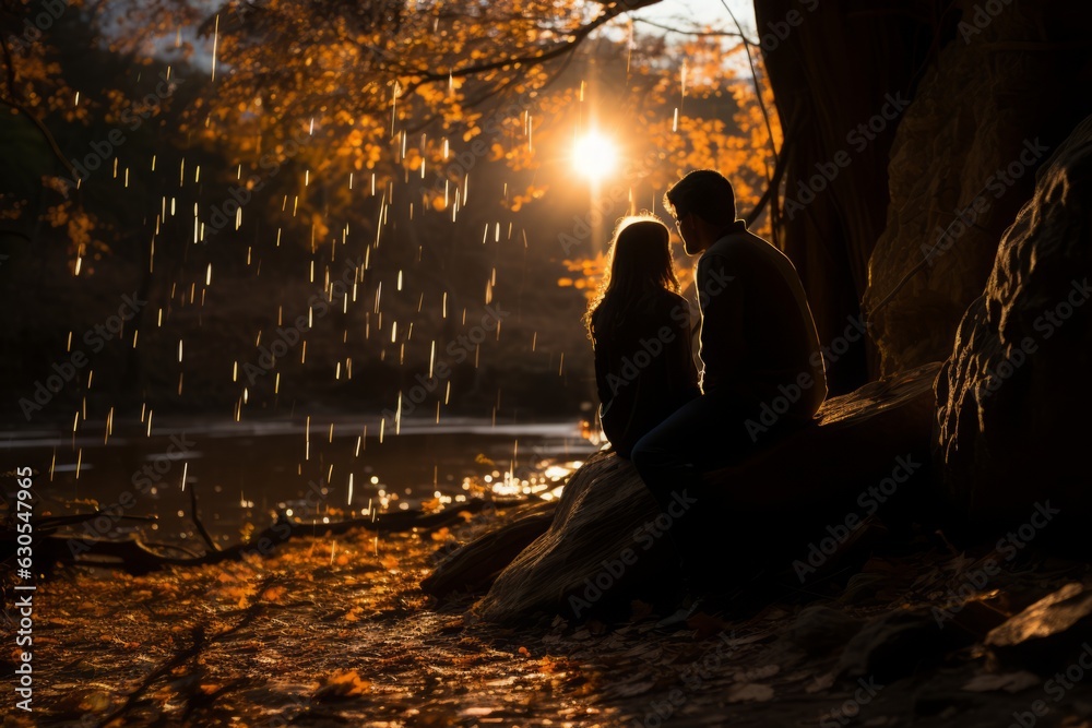 Fototapeta premium A couple stands united under a towering tree, their silhouettes framed against the sky, symbolizing strength, love, and connection in a powerful visual metaphor.